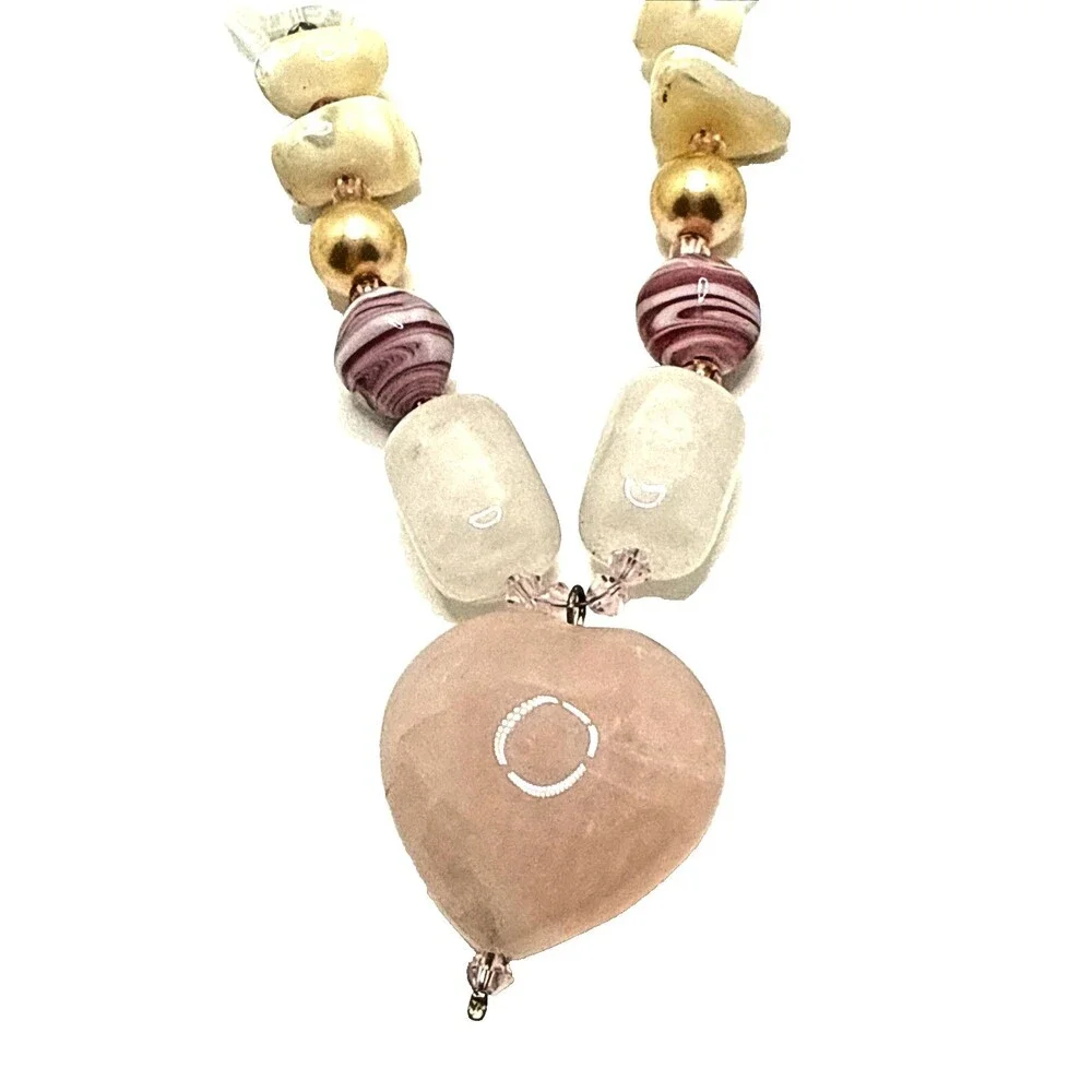 Rose Quartz Heart Pendant Necklace Stone Shell Glass Beaded Boho Statement 24